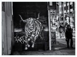 Barry Hurley: 'raging bull', 2018 Black and White Photograph, Urban. London s east end has become a cultural hot bed for street urban art. This seems to have been unnoticed by the passerby. ...