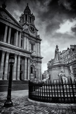 Barry Hurley: 'the lady of st pauls', 2018 Black and White Photograph, Landmarks. The Lady of St Paul. Queen Victoria standing over Sir Christoper Wren s finest monument. ...