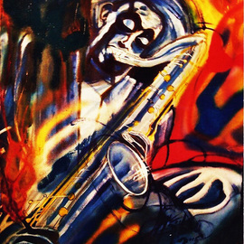 Barry Boobis: 'Dexter Gordon Blue Rainbow', 2011 Acrylic Painting, Music. Artist Description:  Jazz great Dexter Gordon intones the tenor sax in a jazz rainbow of expression filtered through the blues                        ...