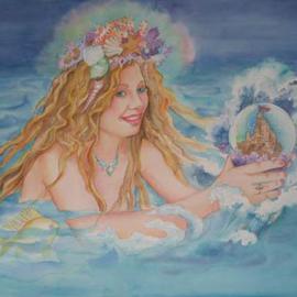 Lesta Frank: 'sea fairy', 2005 Other, Fantasy. Artist Description: the sea fairy emerges from the water, having found a globe that houses a  miniature sandcastle. a rainbow aura surrounds her crown of seashells and coral....