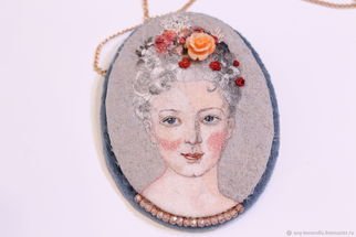 Evgenia Alexeeva: 'pendant portrait of catherine', 2019 , Beauty. Handmade silk embroidery, 	cubic zirconia, silk, cotton velvet, silk thread, coral carved, chain 585 gold, sample, creation on request...