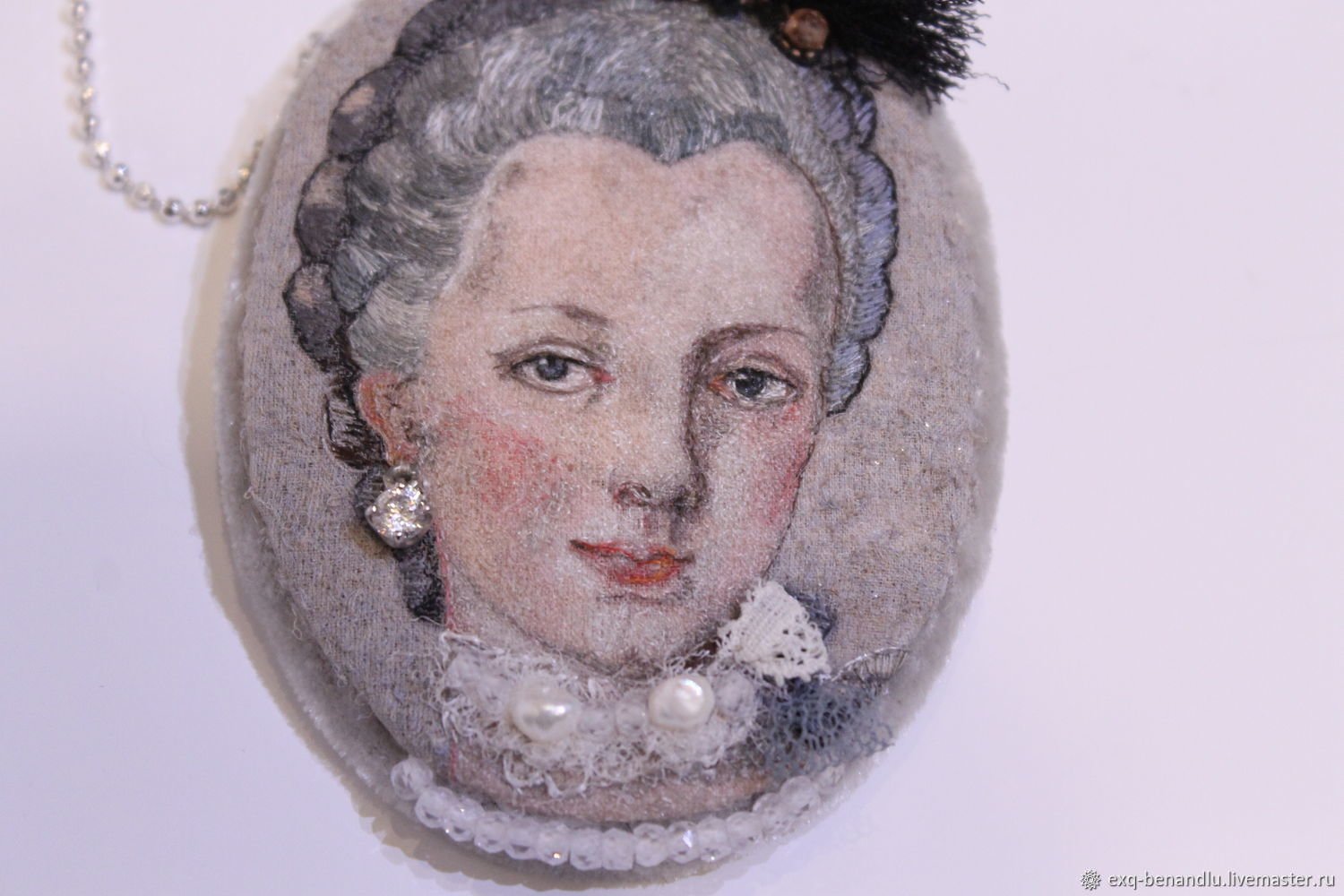 Evgenia Alexeeva: 'pendant portrait of maria', 2018 , Beauty. Handmade silk embroidery pearl, pyrite, cubic zirconia, silk, clasp for a brooch, sterling silver chain 925, silk velvet, cubic zirconia in 925 sterling, sample, creation on request...