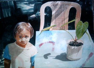 Jonathan Benitez: 'sunday morning', 2001 Watercolor, Life.  a portrait of a boy with a plant. the boy is my nephew when he is about 6 years old. i painted him at the time when he is the only boy in the family. I compared him to a struggling plant anthurium whose roots dug deep into charcoal in...
