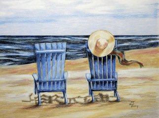 Ron Berry: 'Blue Chairs and a Hat', 2014 Pencil Drawing, Beach. 