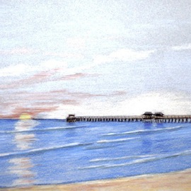 Ron Berry Artwork Peaceful Sunset at Naples Pier, 2014 Pencil Drawing, Beach