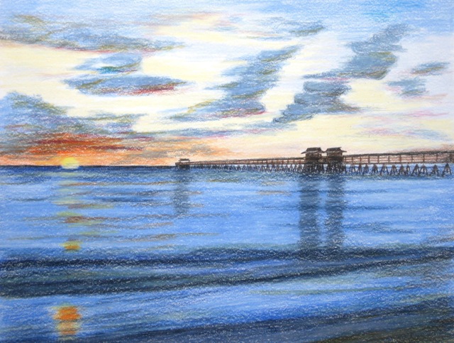 Ron Berry  'Pier At Sunset', created in 2014, Original Drawing Pencil.