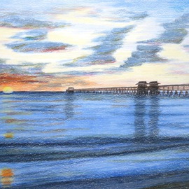 Ron Berry Artwork Pier at Sunset, 2014 Pencil Drawing, Beach