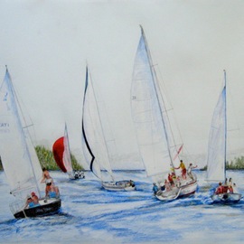 Ron Berry: 'Sailboats Outbound', 2011 Pencil Drawing, Beach. 