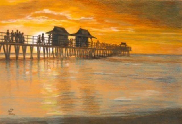 Artist Ron Berry. 'Sunset At The Pier' Artwork Image, Created in 2010, Original Drawing Pencil. #art #artist