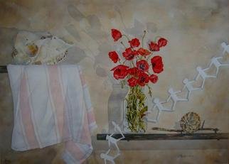 Bessie Papazafiriou: 'Transience III', 1987 Watercolor, Still Life.      In Transience III, objects rest precariously on shelves to symbolize the fragile nature of our existence.  The ephemeral poppies symbolize both the beauty of life and life' s transient quality.  The chain of paper dolls symbolizes generations and continuity of the life cycle....