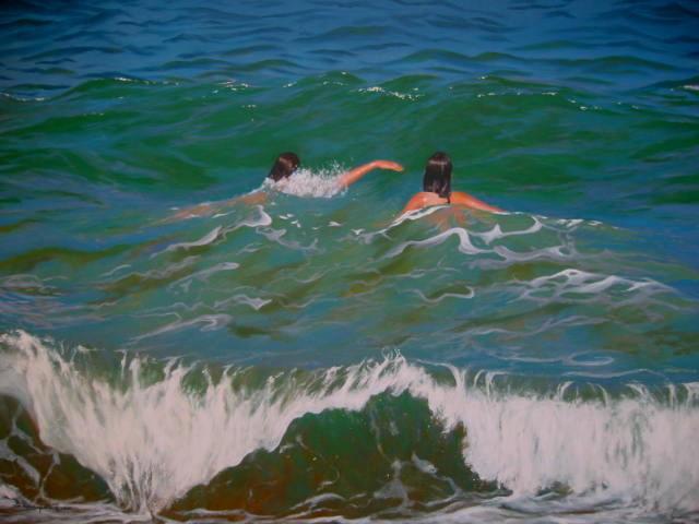 Artist Bessie Papazafiriou. 'Two Swimmers II' Artwork Image, Created in 2005, Original Mixed Media. #art #artist