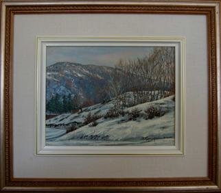Bessie Papazafiriou: 'Winter in Metsovo', 2000 Oil Painting, Landscape.      Winter in Metsovo depicts a wonderful place I discovered in Metsovo, Greece.  I love the way the vegetation pokes its way through the snow to add contrast to the painting.Comments:  Framed...