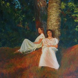 Bessie Papazafiriou: 'Wood Nymphs', 2006 Oil Painting, Mythology. Artist Description: The Greeks believed that various divinities protected nature.  These divinities were known as nymphs.  This painting depicts young women of the forest known as wood nymphs who protected trees.  It was believed that anyone who caught a glimpse of a nymph was blessed with good fortune and those ...