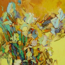 Oleg Bezyuk: 'the garden of blooming irises', 2017 Oil Painting, Expressionism. Artist Description: In the garden of  blooming irises A talk with the old friend What a reward to a traveler, oil on canvas, irises, Oleh Bezyuk...