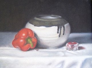 Kamal Bhandari: 'Red Pepper', 2009 Oil Painting, Still Life.  Ceramic bowl and red pepper. Still- Life. ...