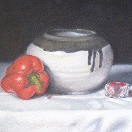 Kamal Bhandari: 'Red Pepper', 2009 Oil Painting, Still Life. Artist Description:  Ceramic bowl and red pepper. Still- Life. ...
