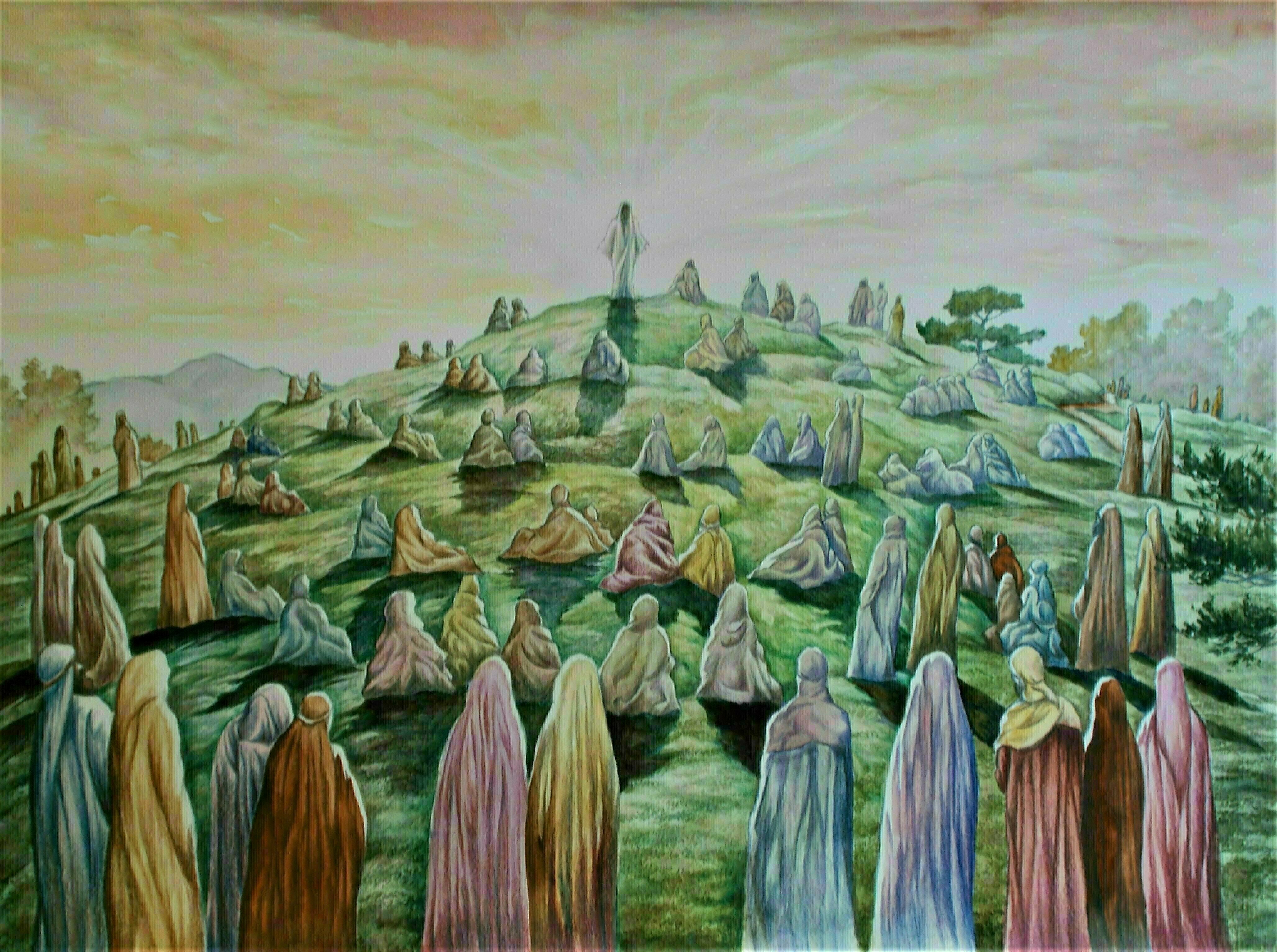 Jim Collins: 'Jesus sermon on the mount', 2013 Illustration, Biblical. Jesus delivers the blessings and attitudes for His followers on the mount...