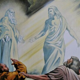 Jim Collins: 'jesus transfiguration', 2016 Oil Painting, Christian. Artist Description: Jesus is transfigured with Elijah and Moses before Peter, James and John...