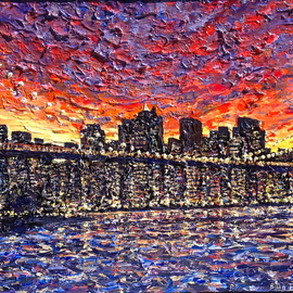 Brian Josselyn: 'brooklyn bridge', 2012 Acrylic Painting, Landscape. Artist Description:  brooklyn bridge sunset, night city scene.city sunset, new york city painting ...