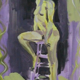 Annabelle Koutroubas: 'figure study on stool', 2023 Acrylic Painting, Figurative. Artist Description: Woman leans sitting on a stool against a dark shadow with swirls of vines framing the view. ...
