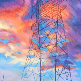 Bonnie Lambert: 'colossus', 2013 Oil Painting, Cityscape. Artist Description: A huge transmission tower stretches into the glowing sunset...