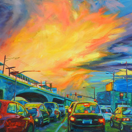 Bonnie Lambert: 'elevated', 2015 Oil Painting, Cityscape. Artist Description: La Cienega Avenue meets the elevated in Culver City, California at rush hour...