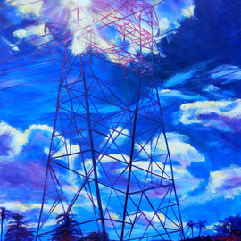 Bonnie Lambert: 'flash', 2016 Oil Painting, Cityscape. Artist Description: noon, bright, blue, day, urbanscape, cityscape, power, tower, transmission tower, lines, phone, orange, bright, neighborhood, town...