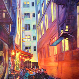 Bonnie Lambert: 'heart of the city', 2017 Oil Painting, Cityscape. Artist Description: Family and friends celebrate at a cozy alley bistro...