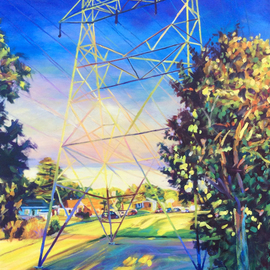 Bonnie Lambert: 'the interloper', 2016 Oil Painting, Cityscape. Artist Description: A transmission tower reflects the late afternoon glow...