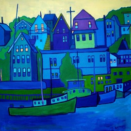 Debra Bretton Robinson: 'Gloucester Harbor', 2011 Acrylic Painting, Landscape. Artist Description:   city, cityscape, buildings, red, street lamps, light, hill, cars, evening, dusk, trees  ...