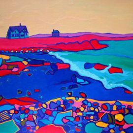 Debra Bretton Robinson: 'Rocky Shore', 2011 Acrylic Painting, Landscape. Artist Description:  beach, shore, ocean, water, rocks, shoreline, houses, cottages, blue, green,   ...