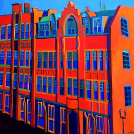 Debra Bretton Robinson: 'queen anne', 2017 Acrylic Painting, Landscape. Artist Description: Architecture, painting, building, windows, details, Lowell, MA, Massachusetts, red, orange, blue...