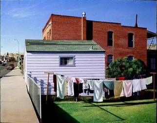 Roderick Briggs: 'Hung Out to Dry', 1997 Oil Painting, Americana. This street corner scene reflects one aspect of a Western mining town' s predicament after corporate owners of the mine abandoned the operation, leaving its inhabitants adrift.  Each brick in the huge wall is detailed as a tribute to the 19th century bricklayers who erected the building and others like ...