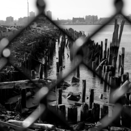 Bruce Panock: 'West Side Piers 2', 2008 Black and White Photograph, Landscape. Artist Description:  A view of a former Hudson River pier ...