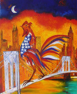 Artist: Marie-france Busset - Title: LE COQ A NEW YORK SUR LE PONT DE BROOKLYN - Medium: Oil Painting - Year: 2011