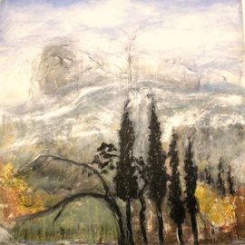Bridget Busutil: 'winter landscape', 2008 Mixed Media, Landscape. Artist Description:  pyrenees landscape sith snow and trditional cypresses.acrylic, ink and pastel on cardboard ...