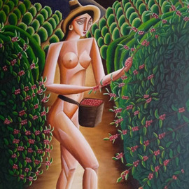 Carlos Duque: 'coffee woman iv', 2022 Oil Painting, Nudes. Artist Description: This artwork is part of the Coffee Woman serie, seeks the passionate combination of women, coffee and coffee plantations. Something very emblematic of Colombia. I have been developing my technique with nudes, resulting in a composition of various styles  Artdeco, cubism, realism and figurative . ...