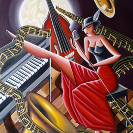 Carlos Duque: 'jazz night', 2023 Oil Painting, Music. Artist Description: This artwork seeks an end, the integration and representation of the fine notes of jazz with female vocalization in a night full of passion.  seeks to transfer the viewer to this composition.  The female figure full of passion, the night, the musical instruments make this unique artistic work.  ...
