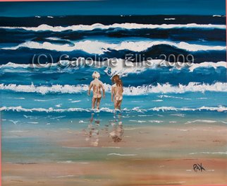 Caroline Ellis: 'Beach Bums', 2008 Oil Painting, Beach.  Part of the rolling waves, children playing on the beach series.  Thick impasto paint in the ocean waves, energy flowing from the painting, and the children sensitively painted to show their life.  oil painting, Ocean Grove.  ...