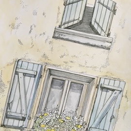 Catriona Brough: 'blue shutters', 2020 Mixed Media, Floral. Artist Description: Old french shutters in village with profuse daisy window box...