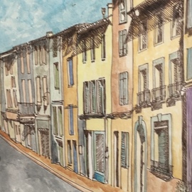 Catriona Brough: 'quillan street', 2020 Mixed Media, Architecture. Artist Description: Street scene in Quillan France muted colours...