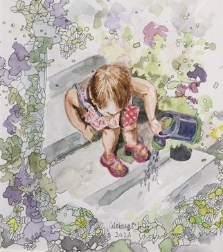 Catriona Brough: 'watering the plants', 2020 Watercolor, Children. Small child watering the plants...