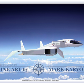 Mark Karvon: 'XB70 Valkyrie Mach 3 at 70000 Feet', 2006 Other Painting, Airplanes. Artist Description:  North American XB- 70 Valkyrie Bomber Aviation Art Print.Designed and constructed during the Cold War, the Valkyrie first flew in 1964. The United States issued a requirement for a heavy bomber capable of cruising at Mach 3 with range enough to reach the USSR to deliver a ...