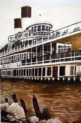 Craig Cantrell: 'Tashmoo', 2008 Oil Painting, Boating.  Tashmoo, Steam ship, sepia, Boat, painting, artPrints only ...