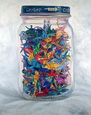 Christine Lytwynczuk: '178 Days', 2005 Oil Painting, Representational. Giclees available from $60 to $1,500. The 178 cranes represent the amount of time my husband and I were separated for the first time, during our curtship.  This is a still life of the actual jar I gave to him as a Christmas present, the next time we saw ...