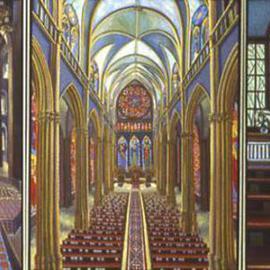 Carol Griffith: 'Religious Experience', 1988 Oil Painting, Religious. Artist Description: This triptych uses churches to talk about three ways that I see people  approaching worship- seeking a mystical experience, looking for answers from an authority or wanting a personal relationship. ...