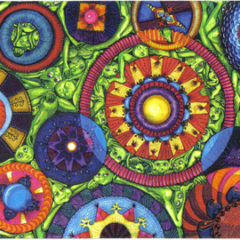 Cheryl Johnson: 'Alien Squash', 2000 Marker Drawing, Fantasy. Artist Description:  The subject of this drawing is the mandala images, and the backround is a tightly knit group of little green men. ...