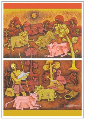 Chandru Hiremath: 'my self-a', 2016 Acrylic Painting, Animals. Bull and Cows...