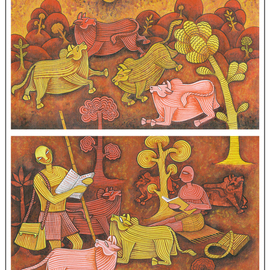 Chandru Hiremath: 'my self-a', 2016 Acrylic Painting, Animals. Artist Description: Bull and Cows...