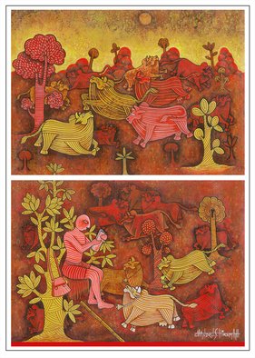 Chandru Hiremath: 'my self-b', 2016 Acrylic Painting, Animals. Bulls and Cows...
